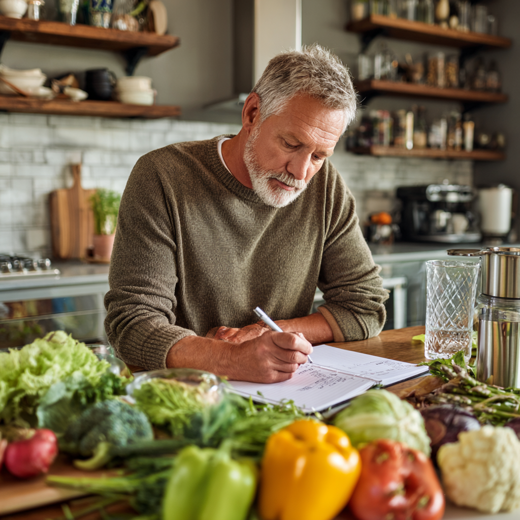 Middle-aged adult reviewing weekly meal plan with fresh vegetables and notebook on kitchen table