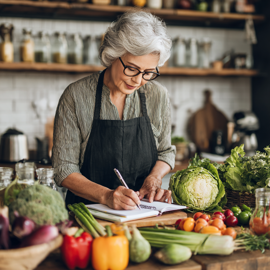 Older adult preparing fresh seasonal vegetables in bright kitchen with natural ingredients and meal planning notebook